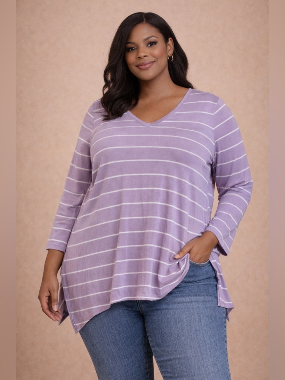 Just Be Purple White Striped Long Sleeve V Neck Size 2X